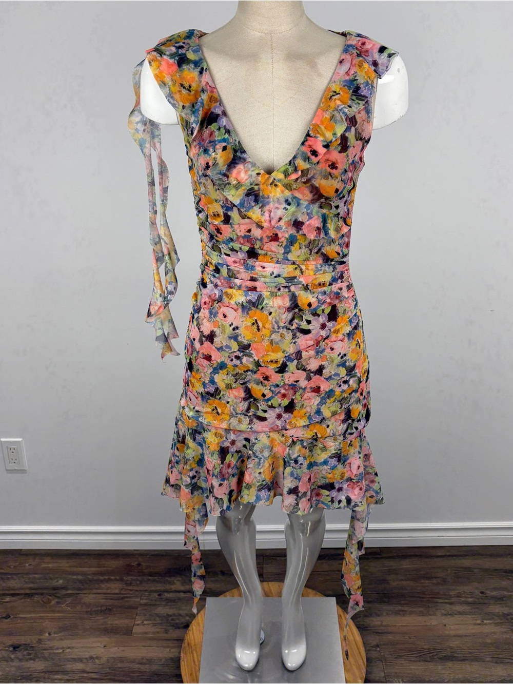 ZARA Floral Print Mesh Ruffle Mini Dress Asymmetrical M